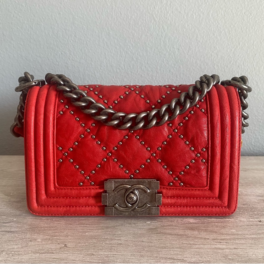 Authentic Chanel Boy Flap Bag Studded Ouilted Distressed Calfskin Old Medium